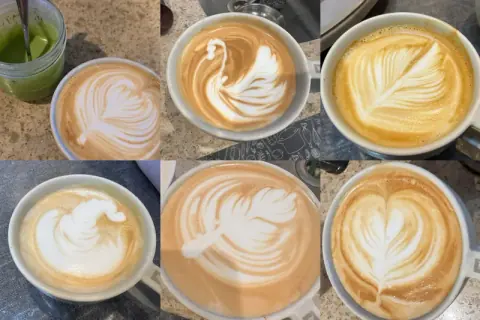 A latte art pour Gary made during his coffee practice